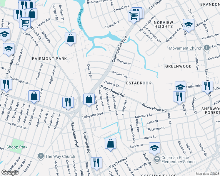map of restaurants, bars, coffee shops, grocery stores, and more near 3628 Henrico Street in Norfolk