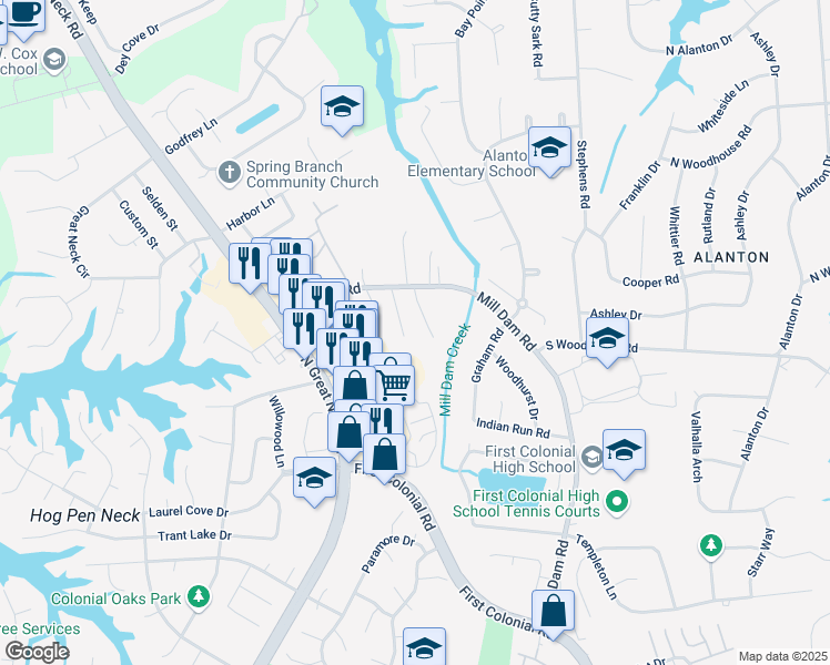 map of restaurants, bars, coffee shops, grocery stores, and more near 1332 Hawaiian Drive in Virginia Beach