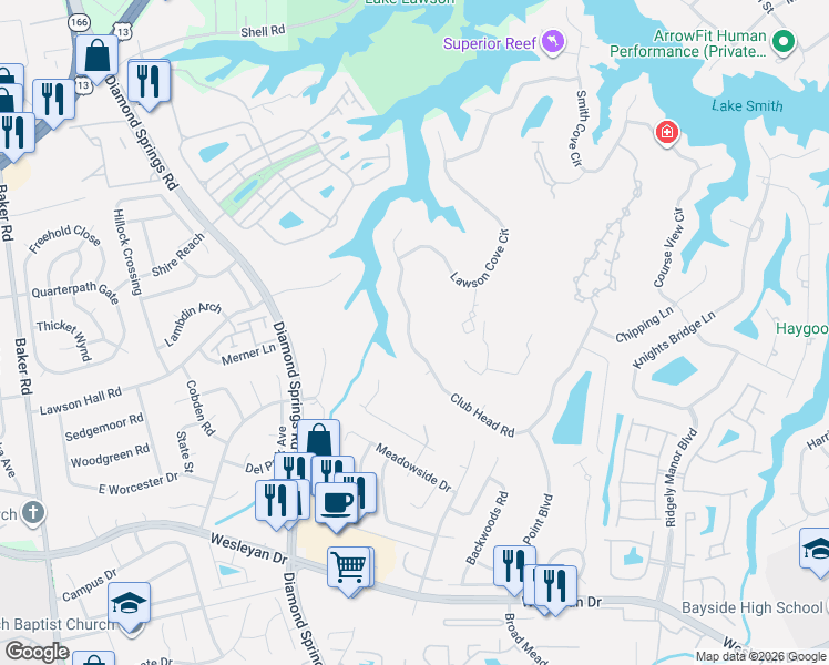 map of restaurants, bars, coffee shops, grocery stores, and more near 5436 Club Head Road in Virginia Beach