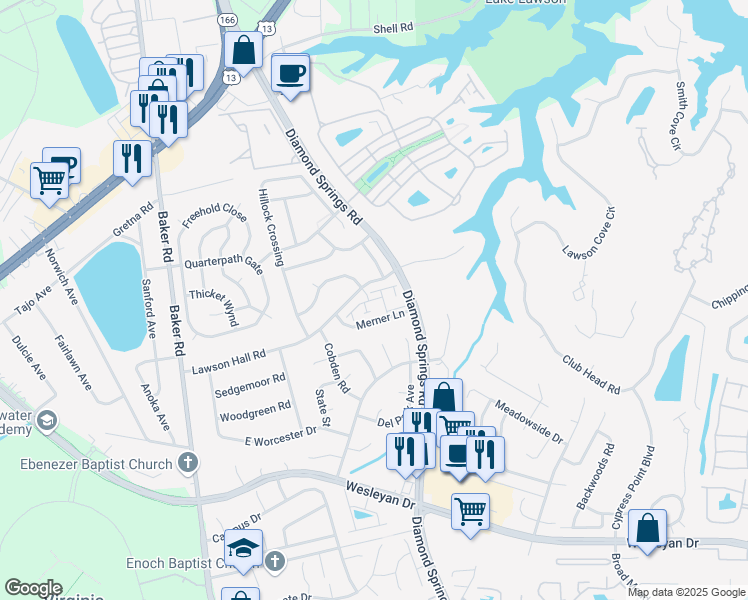 map of restaurants, bars, coffee shops, grocery stores, and more near 5500 Tempest Court in Virginia Beach