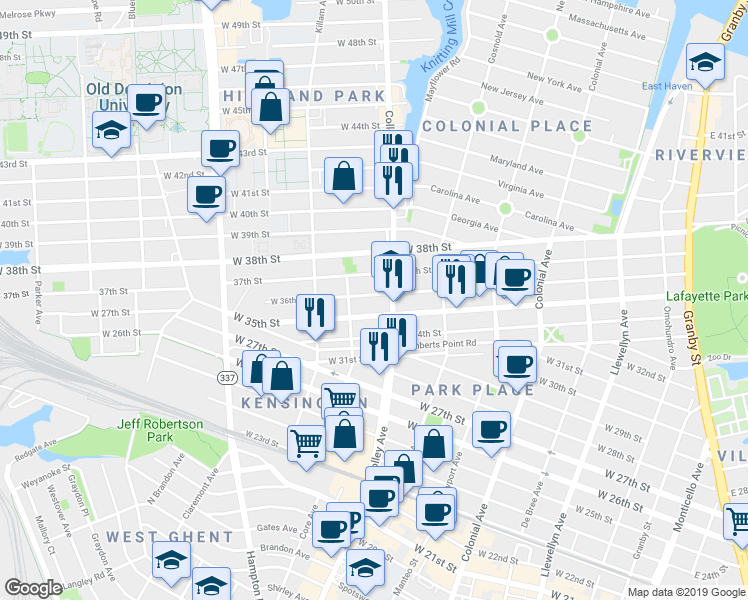 map of restaurants, bars, coffee shops, grocery stores, and more near 817 West 36th Street in Norfolk