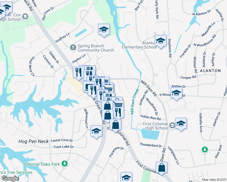 map of restaurants, bars, coffee shops, grocery stores, and more near 1516 Family Lane in Virginia Beach