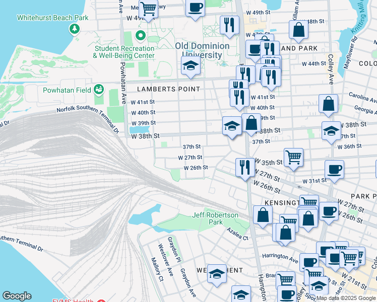 map of restaurants, bars, coffee shops, grocery stores, and more near 1327 West 37th Street in Norfolk