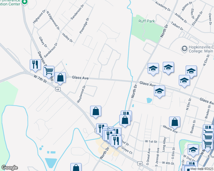 map of restaurants, bars, coffee shops, grocery stores, and more near 1355 Glass Avenue in Hopkinsville
