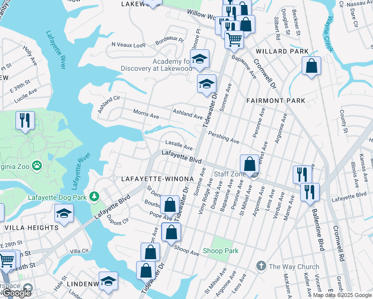 map of restaurants, bars, coffee shops, grocery stores, and more near 1801 Lasalle Avenue in Norfolk