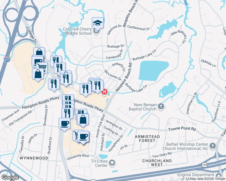 map of restaurants, bars, coffee shops, grocery stores, and more near 163 Stoney Ridge Avenue in Suffolk