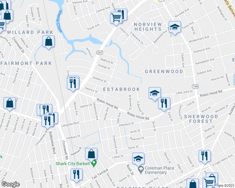 map of restaurants, bars, coffee shops, grocery stores, and more near 3735 Amherst Street in Norfolk