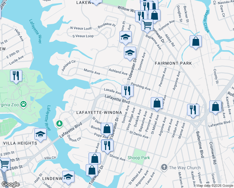 map of restaurants, bars, coffee shops, grocery stores, and more near 1738 Lasalle Avenue in Norfolk