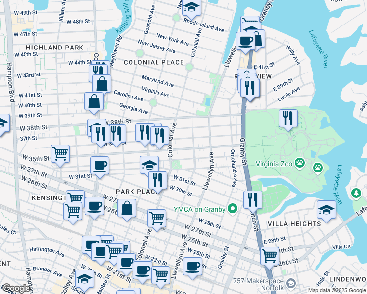 map of restaurants, bars, coffee shops, grocery stores, and more near 407 West 36th Street in Norfolk