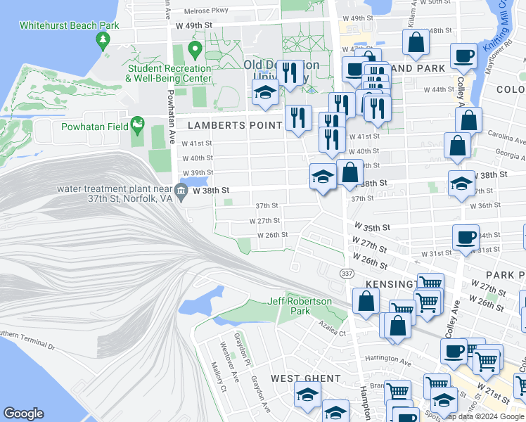 map of restaurants, bars, coffee shops, grocery stores, and more near 1318 37th Street in Norfolk
