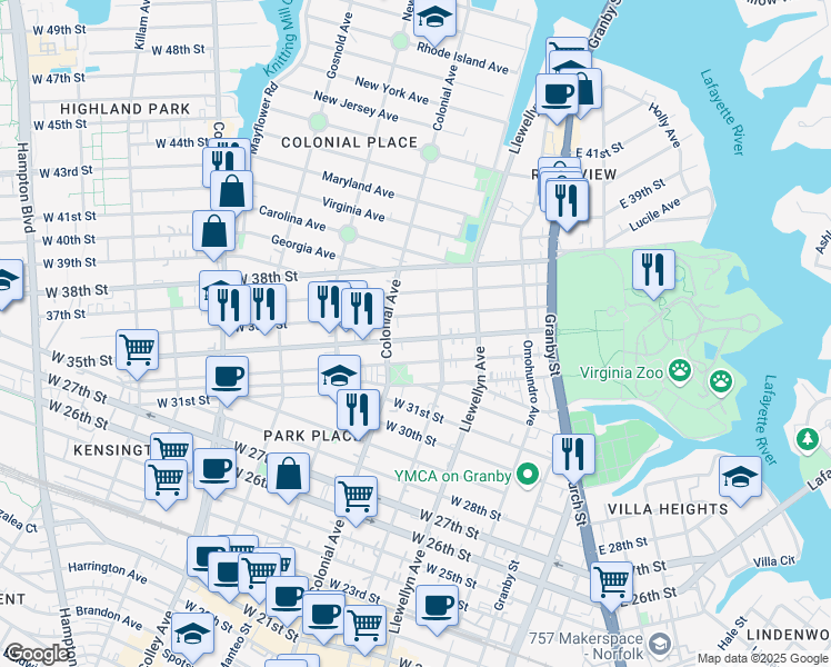 map of restaurants, bars, coffee shops, grocery stores, and more near 407 West 36th Street in Norfolk