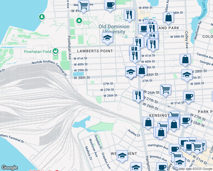map of restaurants, bars, coffee shops, grocery stores, and more near 1327 West 37th Street in Norfolk