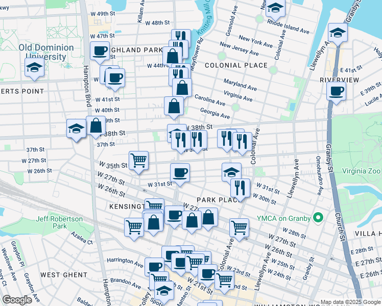 map of restaurants, bars, coffee shops, grocery stores, and more near 723 West 36th Street in Norfolk