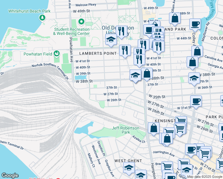 map of restaurants, bars, coffee shops, grocery stores, and more near 1321 West 37th Street in Norfolk