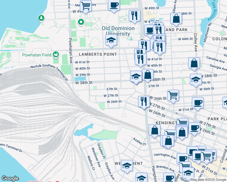 map of restaurants, bars, coffee shops, grocery stores, and more near 1317 37th Street in Norfolk