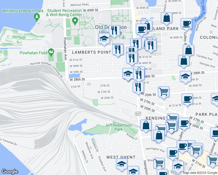 map of restaurants, bars, coffee shops, grocery stores, and more near 1305 West 37th Street in Norfolk