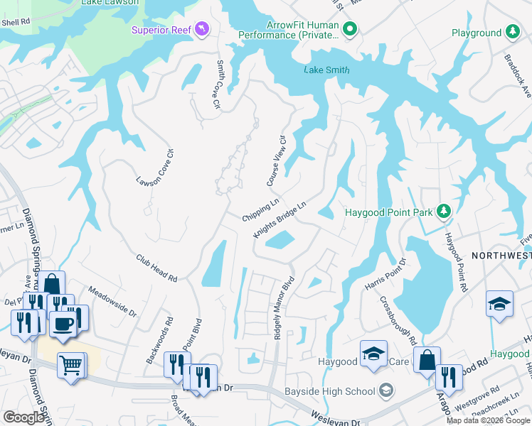 map of restaurants, bars, coffee shops, grocery stores, and more near 5216 Chipping Lane in Virginia Beach