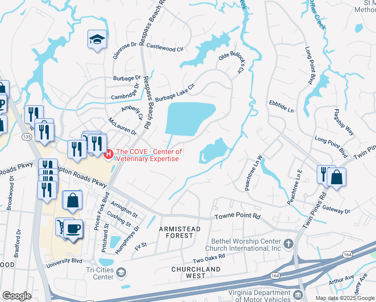map of restaurants, bars, coffee shops, grocery stores, and more near 6720 Burbage Lake Circle in Suffolk