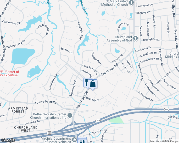 map of restaurants, bars, coffee shops, grocery stores, and more near 3825 Headwind Lane in Portsmouth