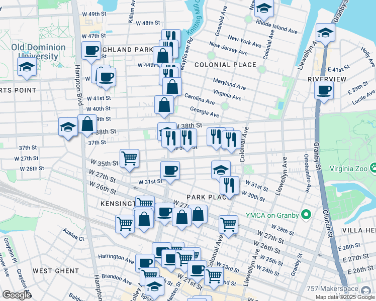 map of restaurants, bars, coffee shops, grocery stores, and more near 702 West 36th Street in Norfolk