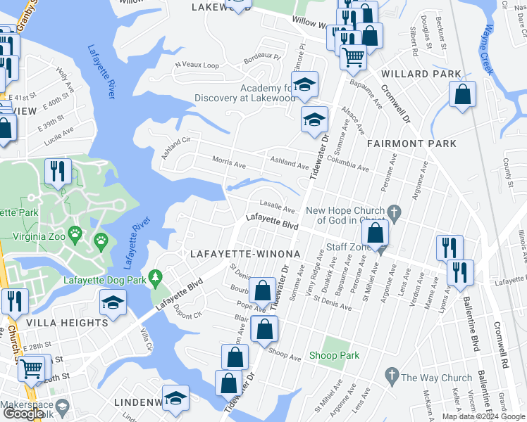 map of restaurants, bars, coffee shops, grocery stores, and more near 1722 Lafayette Boulevard in Norfolk