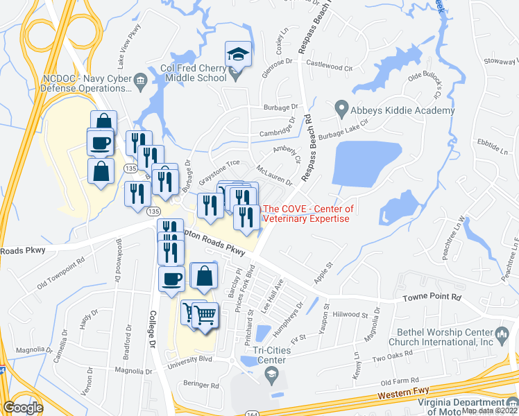 map of restaurants, bars, coffee shops, grocery stores, and more near 146 Stoney Ridge Avenue in Suffolk