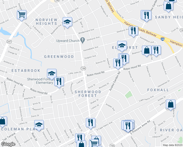 map of restaurants, bars, coffee shops, grocery stores, and more near 4824 Robin Hood Road in Norfolk