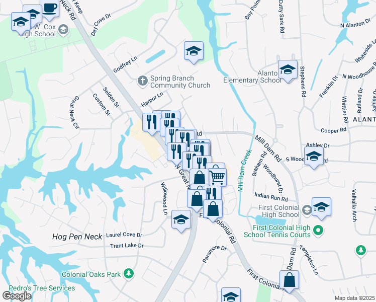 map of restaurants, bars, coffee shops, grocery stores, and more near 1310 Victorian Crescent in Virginia Beach
