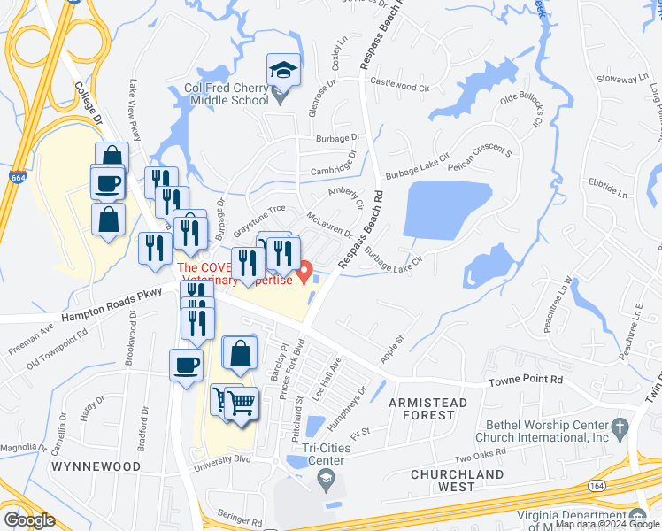 map of restaurants, bars, coffee shops, grocery stores, and more near 158 Stoney Ridge Avenue in Suffolk