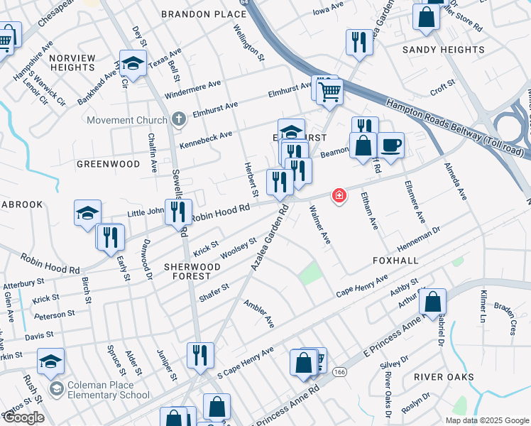 map of restaurants, bars, coffee shops, grocery stores, and more near 5118 Krick Street in Norfolk