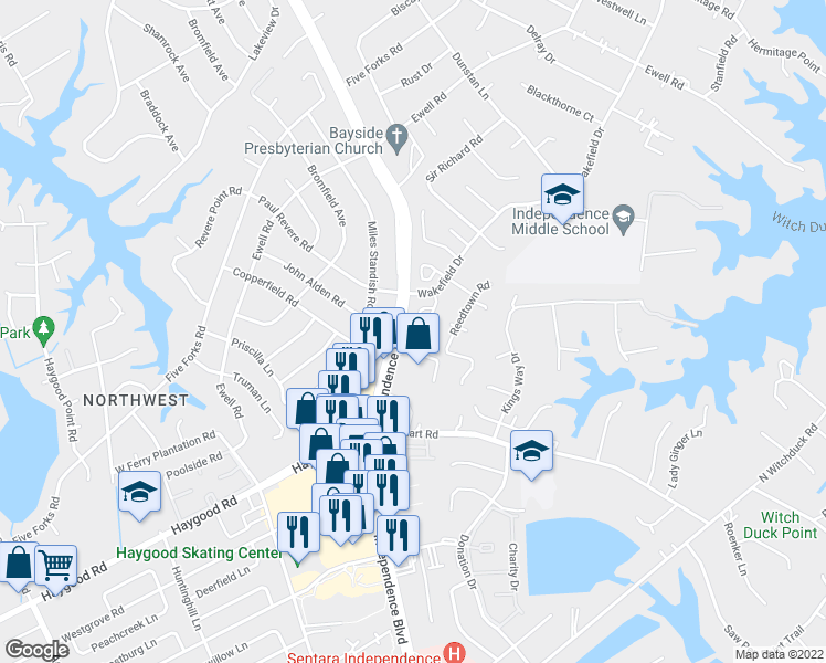 map of restaurants, bars, coffee shops, grocery stores, and more near 1223 Captain Adams Court in Virginia Beach