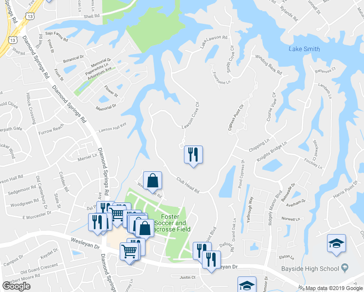 map of restaurants, bars, coffee shops, grocery stores, and more near 1201 Grand Cypress Square in Virginia Beach