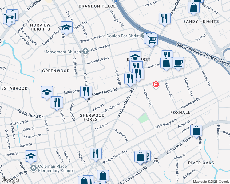 map of restaurants, bars, coffee shops, grocery stores, and more near 4864 Robin Hood Road in Norfolk