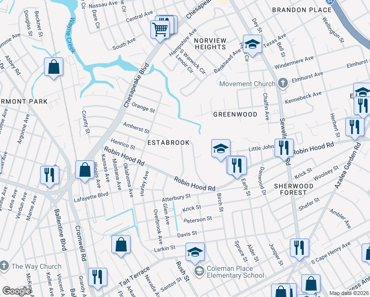 map of restaurants, bars, coffee shops, grocery stores, and more near 3495 East Bonner Drive in Norfolk