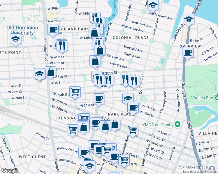 map of restaurants, bars, coffee shops, grocery stores, and more near 702 West 36th Street in Norfolk