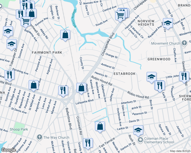 map of restaurants, bars, coffee shops, grocery stores, and more near 3624 Robin Hood Road in Norfolk