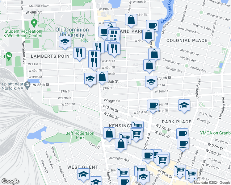 map of restaurants, bars, coffee shops, grocery stores, and more near 1038 West 36th Street in Norfolk