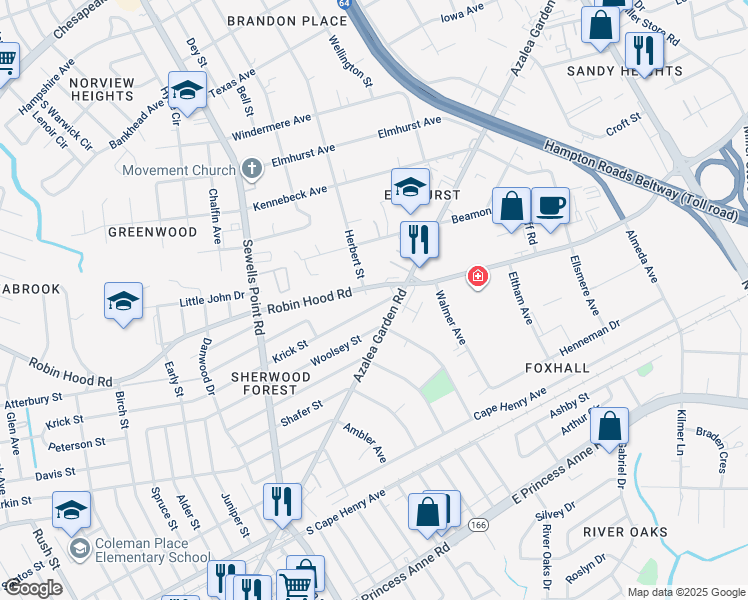 map of restaurants, bars, coffee shops, grocery stores, and more near 5118 Krick Street in Norfolk