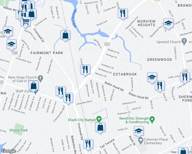 map of restaurants, bars, coffee shops, grocery stores, and more near 3624 Robin Hood Road in Norfolk