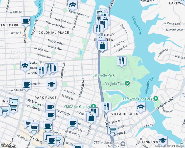 map of restaurants, bars, coffee shops, grocery stores, and more near 3511 Omohundro Avenue in Norfolk