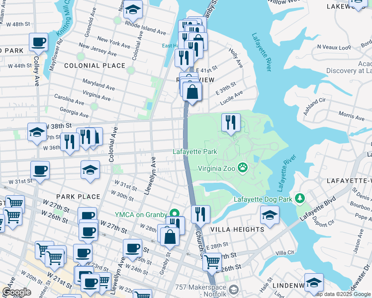 map of restaurants, bars, coffee shops, grocery stores, and more near 3500 Granby Street in Norfolk