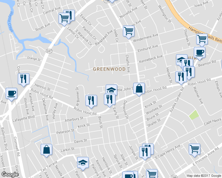 map of restaurants, bars, coffee shops, grocery stores, and more near 4600 Little John Drive in Norfolk