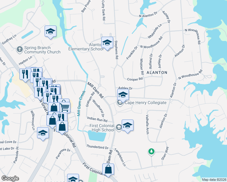 map of restaurants, bars, coffee shops, grocery stores, and more near 1832 Ashley Drive in Virginia Beach