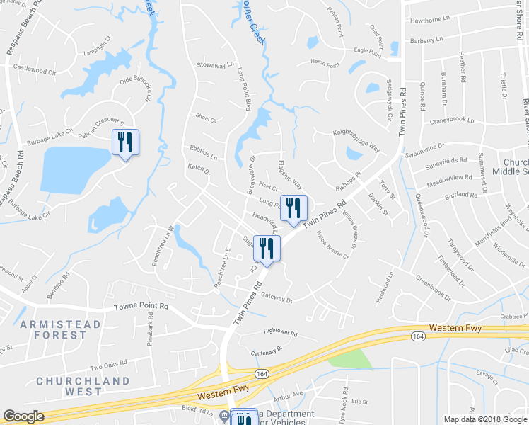 map of restaurants, bars, coffee shops, grocery stores, and more near 3835 Headwind Lane in Portsmouth