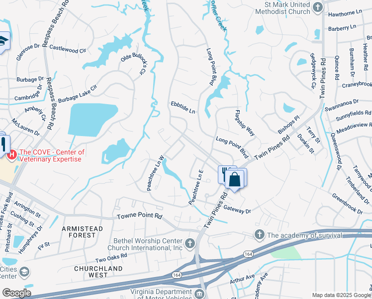 map of restaurants, bars, coffee shops, grocery stores, and more near 3833 Peach Orchard Circle in Portsmouth
