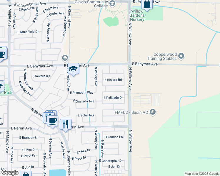 map of restaurants, bars, coffee shops, grocery stores, and more near 2828 East Emerald Avenue in Fresno