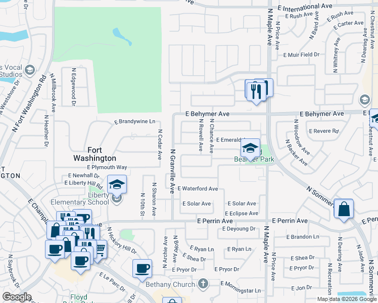 map of restaurants, bars, coffee shops, grocery stores, and more near 1627 East Emerald Avenue in Fresno