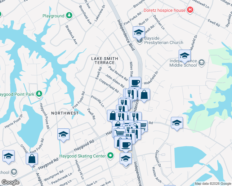 map of restaurants, bars, coffee shops, grocery stores, and more near 1045 Walt Whitman Way in Virginia Beach