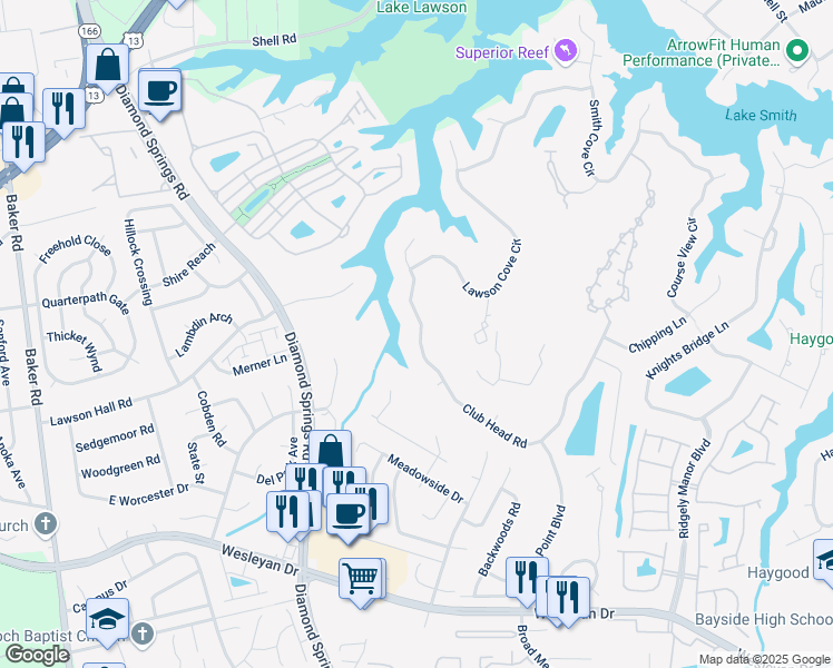 map of restaurants, bars, coffee shops, grocery stores, and more near 5436 Club Head Road in Virginia Beach