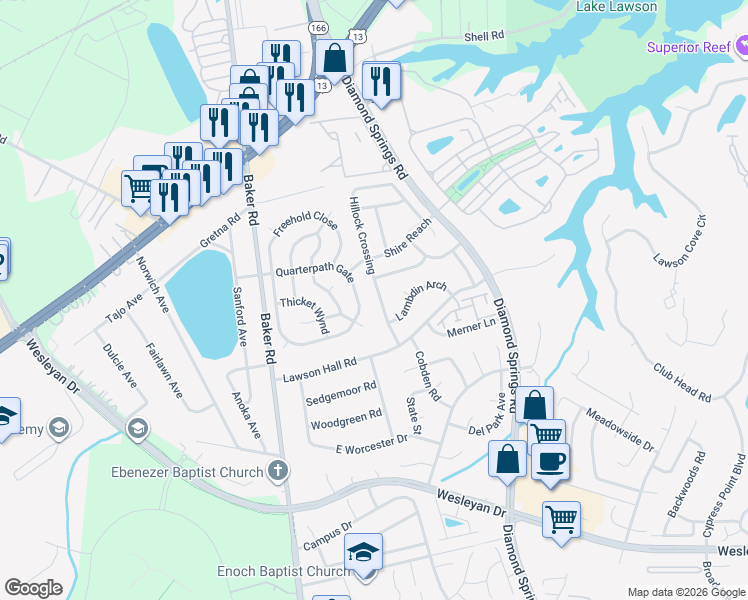 map of restaurants, bars, coffee shops, grocery stores, and more near 1303 Hillock Crossing in Virginia Beach
